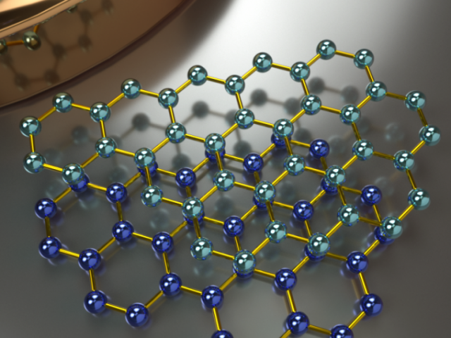 Concept art of the crystal structure (top view) of AB-stacked bilayer graphene. Credit: Peter Allen, UCSB