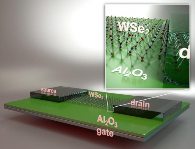 Schematic view of a back-gated field effect transistor fabricated by UCSB researchers using monolayer tungsten diselenide (WSe2) channel material.