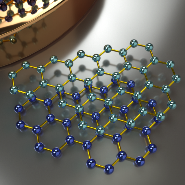 This is concept art of a schematic view of an AB-stacked graphene film synthesized by UC Santa Barbara researchers using a stoichiometry engineered bifunctional alloy catalyst. Credit: Peter Allen
